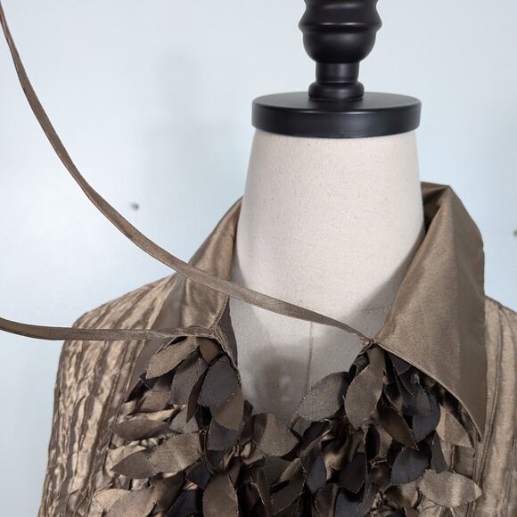 Vintage Button Top M Gold Brown Ruffle Crinkle Tie Maximalist Evening Cocktail - Picture 8 of 13